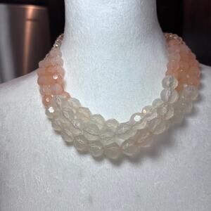 Peach Pink Clear Faceted Beaded Three Strand Layered Necklace 141
